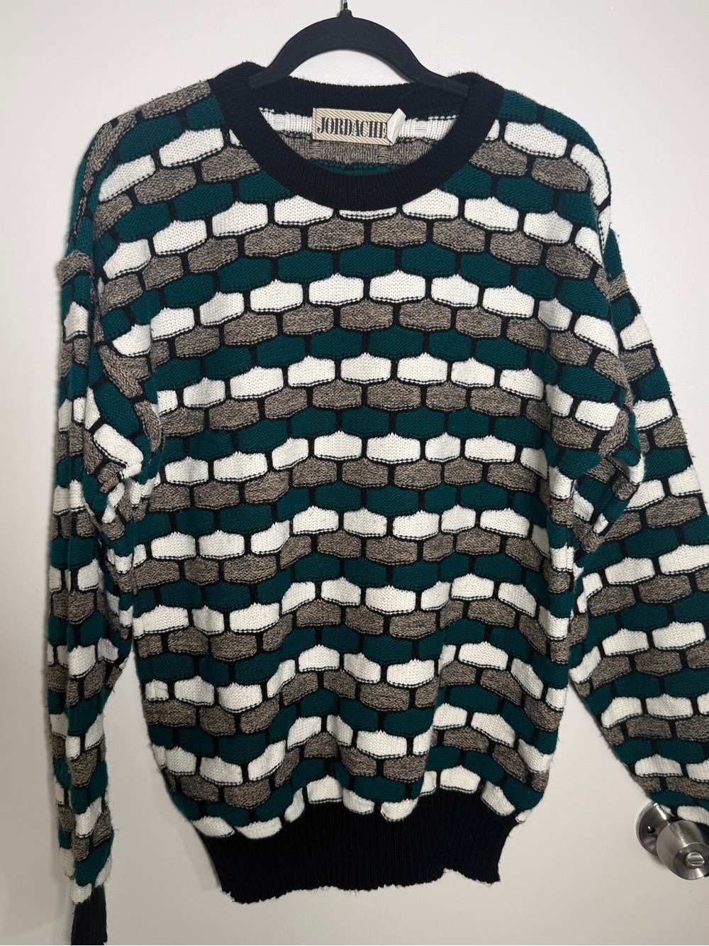 Jordache VTG Men's  Teal, White & Gray Geometric Knit Sweater Large